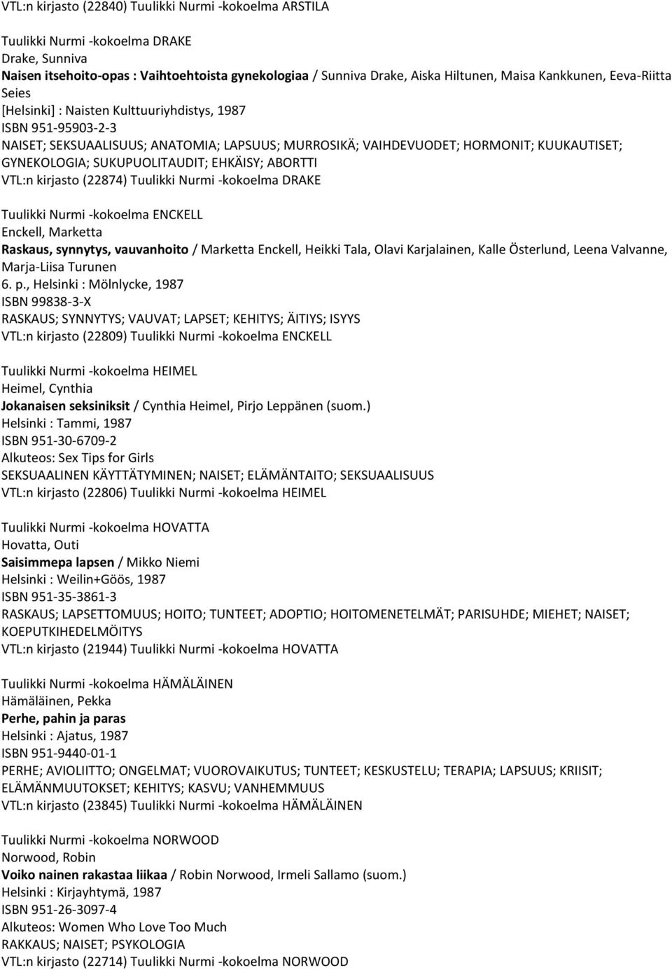 SUKUPUOLITAUDIT; EHKÄISY; ABORTTI VTL:n kirjasto (22874) Tuulikki Nurmi -kokoelma DRAKE Tuulikki Nurmi -kokoelma ENCKELL Enckell, Marketta Raskaus, synnytys, vauvanhoito / Marketta Enckell, Heikki