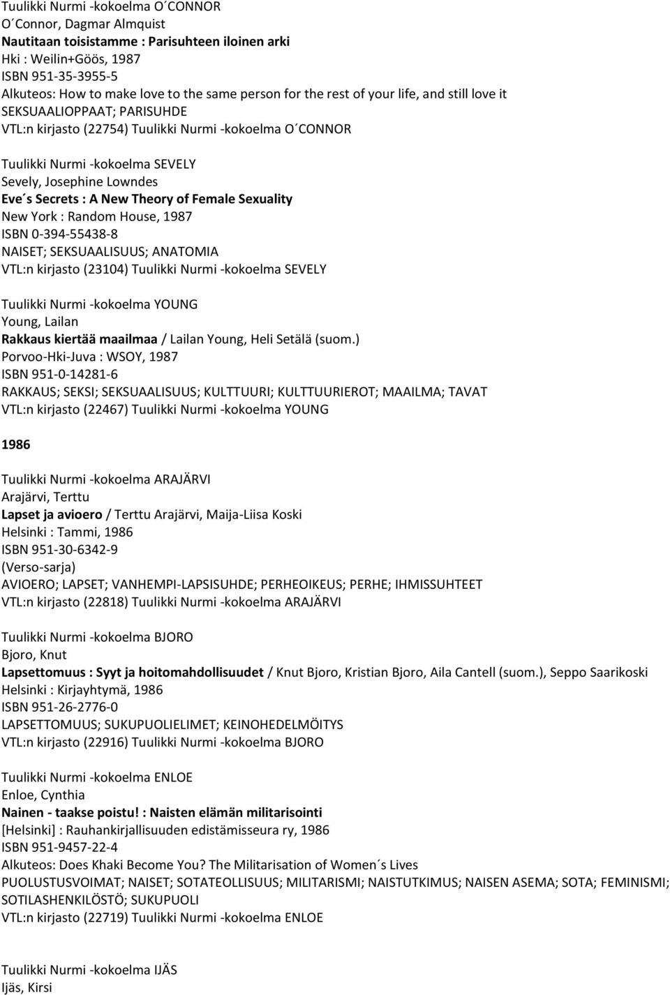 Secrets : A New Theory of Female Sexuality New York : Random House, 1987 ISBN 0-394-55438-8 NAISET; SEKSUAALISUUS; ANATOMIA VTL:n kirjasto (23104) Tuulikki Nurmi -kokoelma SEVELY Tuulikki Nurmi