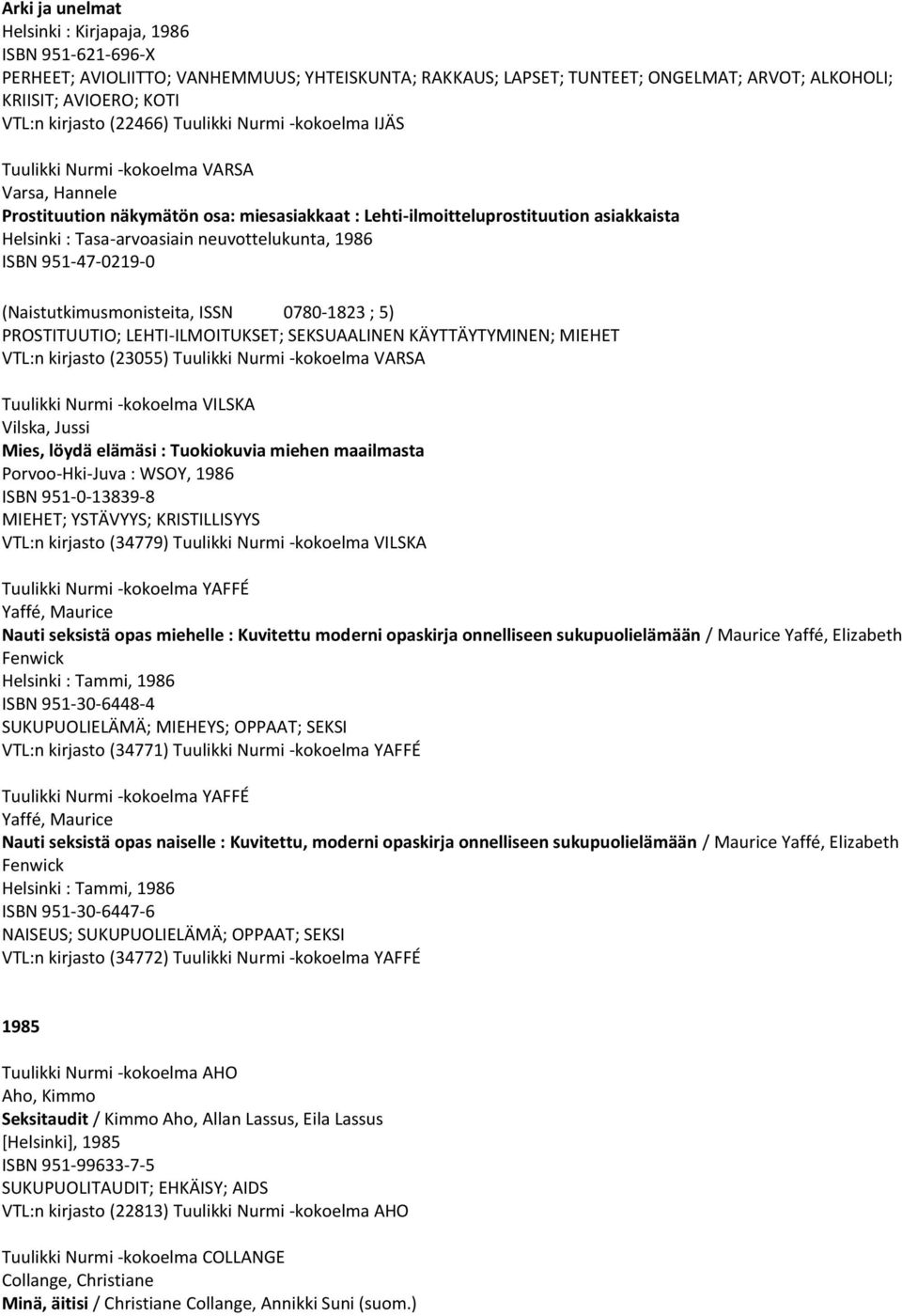 neuvottelukunta, 1986 ISBN 951-47-0219-0 (Naistutkimusmonisteita, ISSN 0780-1823 ; 5) PROSTITUUTIO; LEHTI-ILMOITUKSET; SEKSUAALINEN KÄYTTÄYTYMINEN; MIEHET VTL:n kirjasto (23055) Tuulikki Nurmi