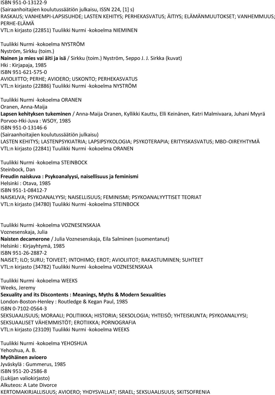 J. Sirkka (kuvat) Hki : Kirjapaja, 1985 ISBN 951-621-575-0 AVIOLIITTO; PERHE; AVIOERO; USKONTO; PERHEKASVATUS VTL:n kirjasto (22886) Tuulikki Nurmi -kokoelma NYSTRÖM Tuulikki Nurmi -kokoelma ORANEN