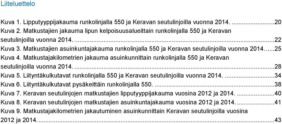 Matkustajien asuinkuntajakauma runkolinjalla 550 ja Keravan seutulinjoilla vuonna 2014.... 25 Kuva 4.