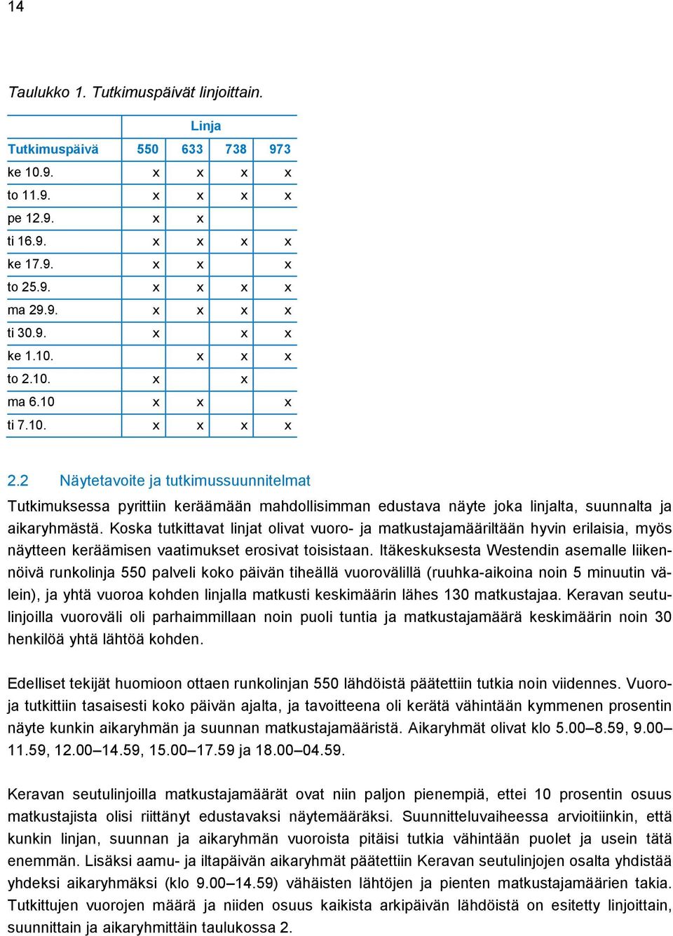 Koska tutkittavat linjat olivat vuoro- ja matkustajamääriltään hyvin erilaisia, myös näytteen keräämisen vaatimukset erosivat toisistaan.