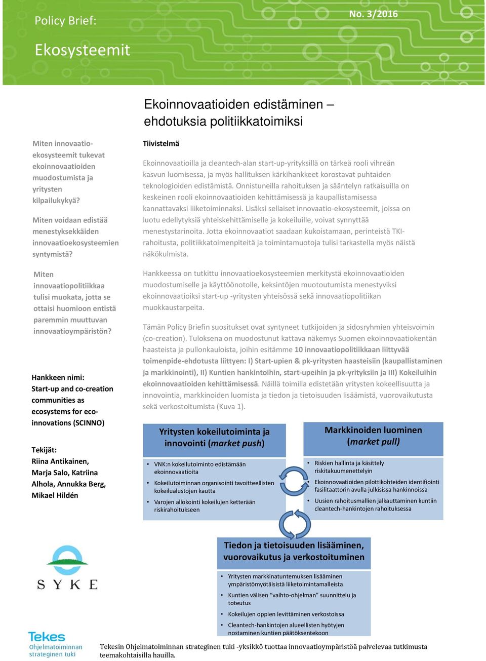 Hankkeen nimi: Start up and co creation communities as ecosystems for ecoinnovations (SCINNO) Tekijät: Riina Antikainen, Marja Salo, Katriina Alhola, Annukka Berg, Mikael Hildén Tiivistelmä