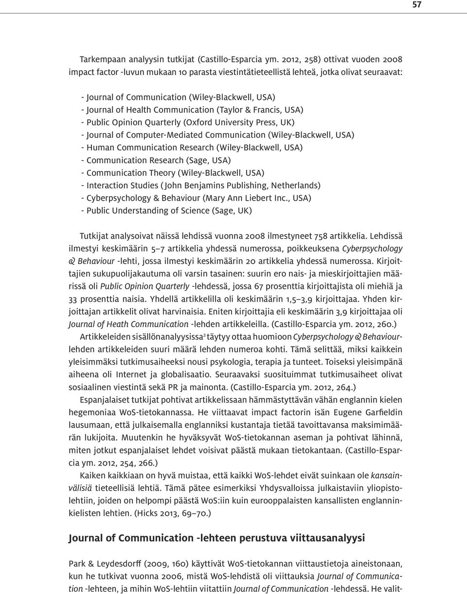 Communication (Taylor & Francis, USA) - Public Opinion Quarterly (Oxford University Press, UK) - Journal of Computer-Mediated Communication (Wiley-Blackwell, USA) - Human Communication Research