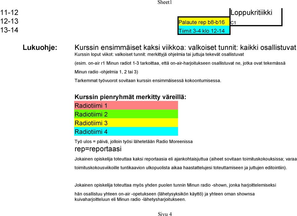 on-air r1 Minun radiot 1-3 tarkoittaa, että on-air-harjoitukseen osallistuvat ne, jotka ovat tekemässä Minun radio -ohjelmia 1, 2 tai 3) Tarkemmat työvuorot sovitaan kurssin ensimmäisessä