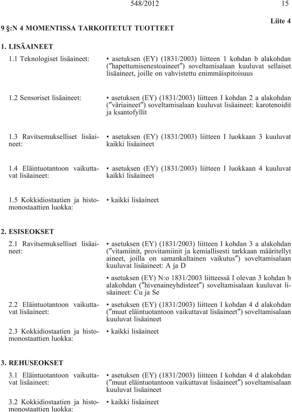 2 Sensoriset lisäaineet: asetuksen (EY) (1831/2003) liitteen I kohdan 2 a alakohdan ( väriaineet ) soveltamisalaan kuuluvat lisäaineet: karotenoidit ja ksantofyllit 1.