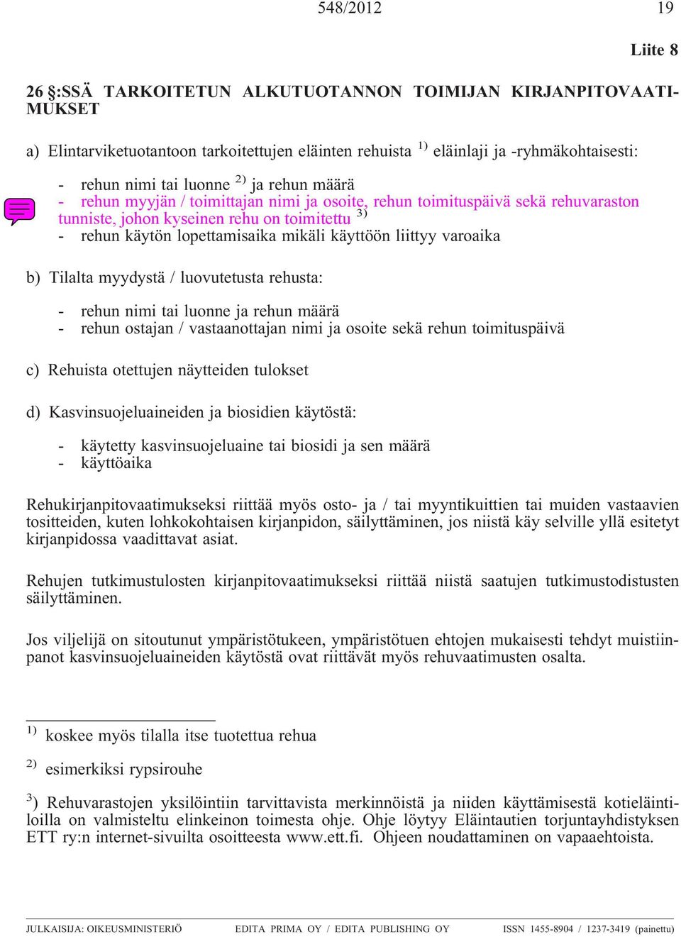 käyttöön liittyy varoaika b) Tilalta myydystä / luovutetusta rehusta: - rehun nimi tai luonne ja rehun määrä - rehun ostajan / vastaanottajan nimi ja osoite sekä rehun toimituspäivä c) Rehuista