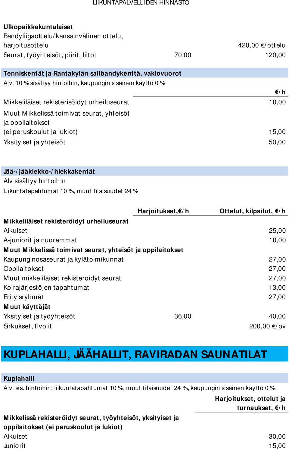 15,00 Yksityiset ja yhteisöt 50,00 Jää-/jääkiekko-/hiekkakentät Alv sisältyy hintoihin Liikuntatapahtumat 10 %, muut tilaisuudet 24 % Harjoitukset, Ottelut, kilpailut, Mikkeliläiset rekisteröidyt