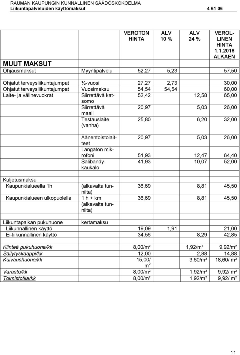 Salibandykaukalo 41,93 10,07 52,00 Kuljetusmaksu Kaupunkialueella 1h (alkavalta tunnilta) 36,69 8,81 45,50 Kaupunkialueen ulkopuolella 1 h + km 36,69 8,81 45,50 (alkavalta tunnilta) Liikuntapaikan