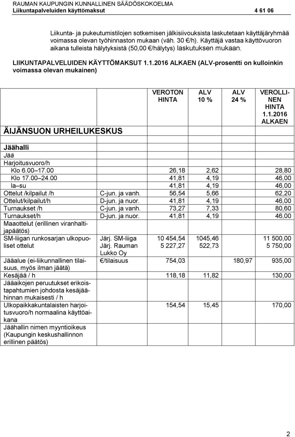 LIIKUNTAPELUIDEN KÄYTTÖMAKSUT (-prosentti on kulloinkin voimassa olevan mukainen) ÄIJÄNSUON URHEILUKESKUS Jäähalli Jää Klo 6.00 17.00 26,18 2,62 28,80 Klo 17.00 24.