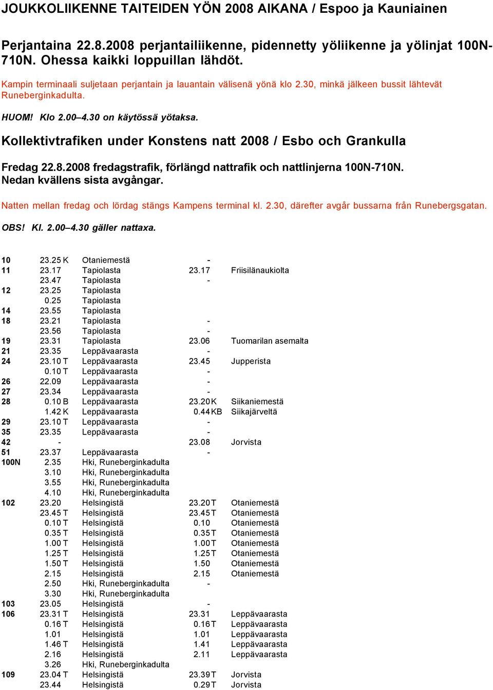 Kollektivtrafiken under Konstens natt 2008 / Esbo och Grankulla Fredag 22.8.2008 fredagstrafik, förlängd nattrafik och nattlinjerna 100N-710N. Nedan kvällens sista avgångar.