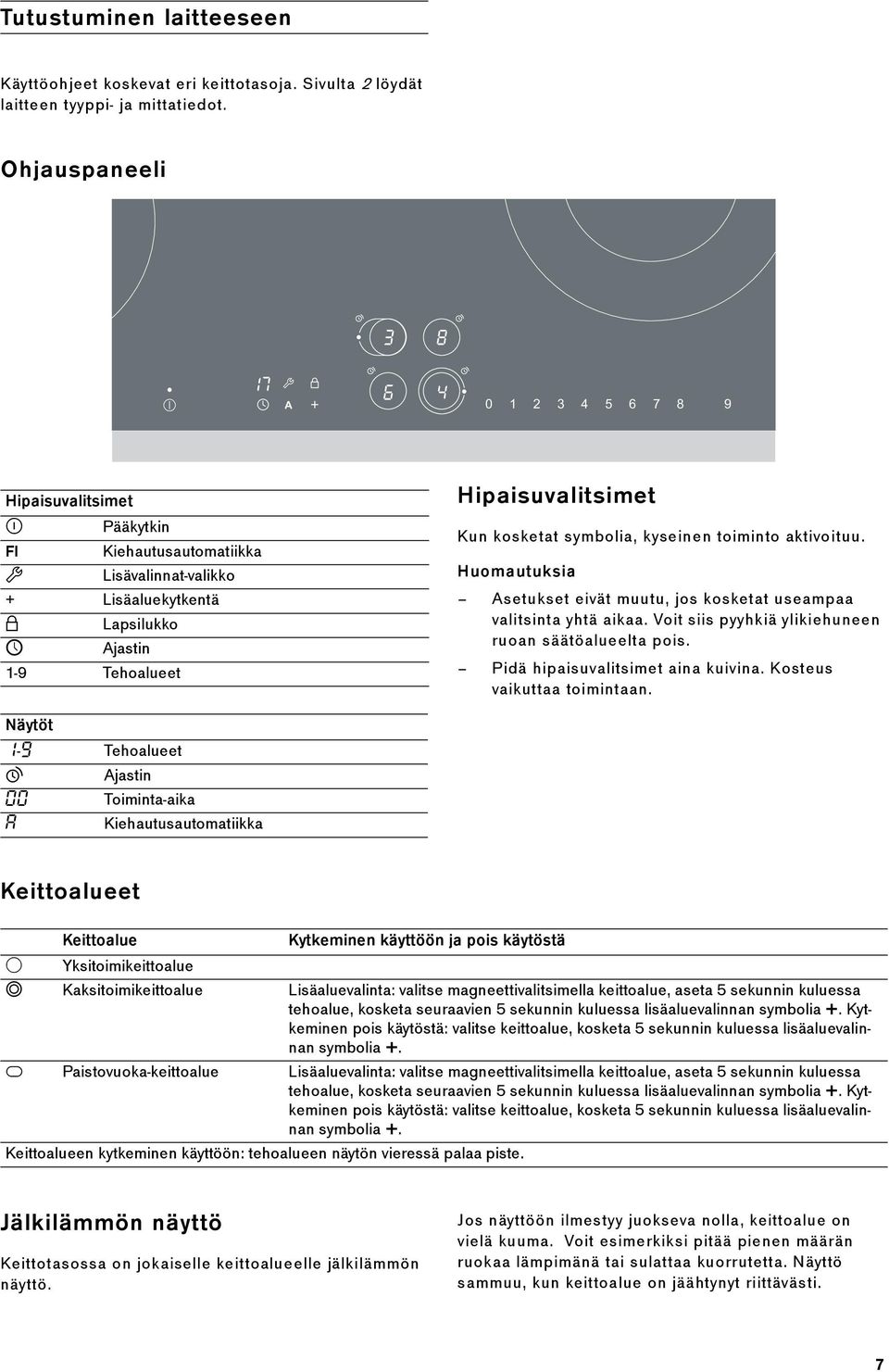 Huomautuksia + Lisäaluekytkentä K Lapsilukko M Ajastin 1-9 Tehoalueet Asetukset eivät muutu, jos kosketat useampaa valitsinta yhtä aikaa. Voit siis pyyhkiä ylikiehuneen ruoan säätöalueelta pois.