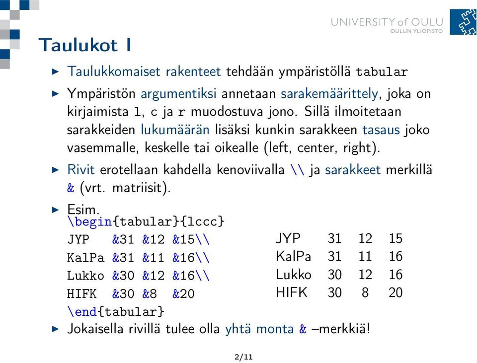 Sillä ilmoitetaan sarakkeiden lukumäärän lisäksi kunkin sarakkeen tasaus joko vasemmalle, keskelle tai oikealle (left, center, right).