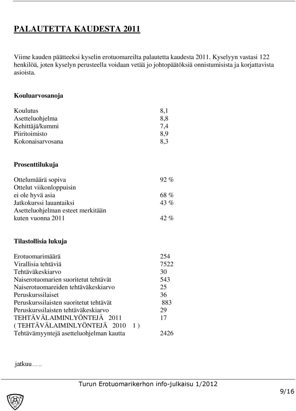 Kouluarvosanoja Koulutus 8,1 Asetteluohjelma 8,8 Kehittäjä/kummi 7,4 Piiritoimisto 8,9 Kokonaisarvosana 8,3 Prosenttilukuja Ottelumäärä sopiva 92 % Ottelut viikonloppuisin ei ole hyvä asia 68 %