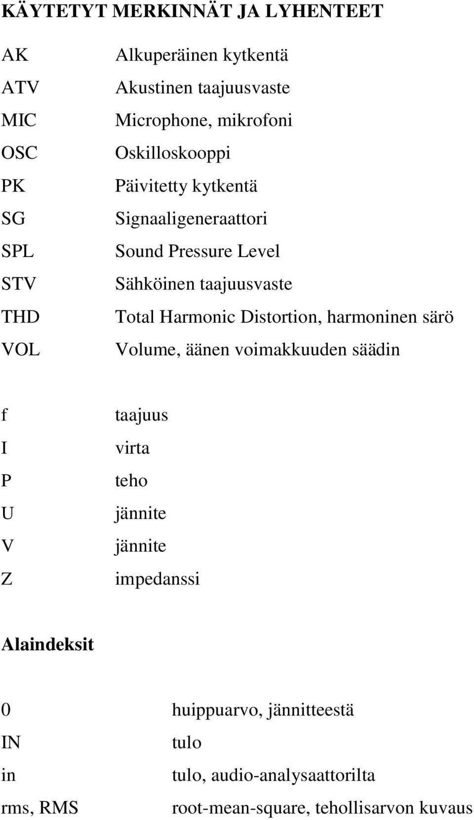 Total Harmonic Distortion, harmoninen särö Volume, äänen voimakkuuden säädin f I P U V Z taajuus virta teho jännite jännite