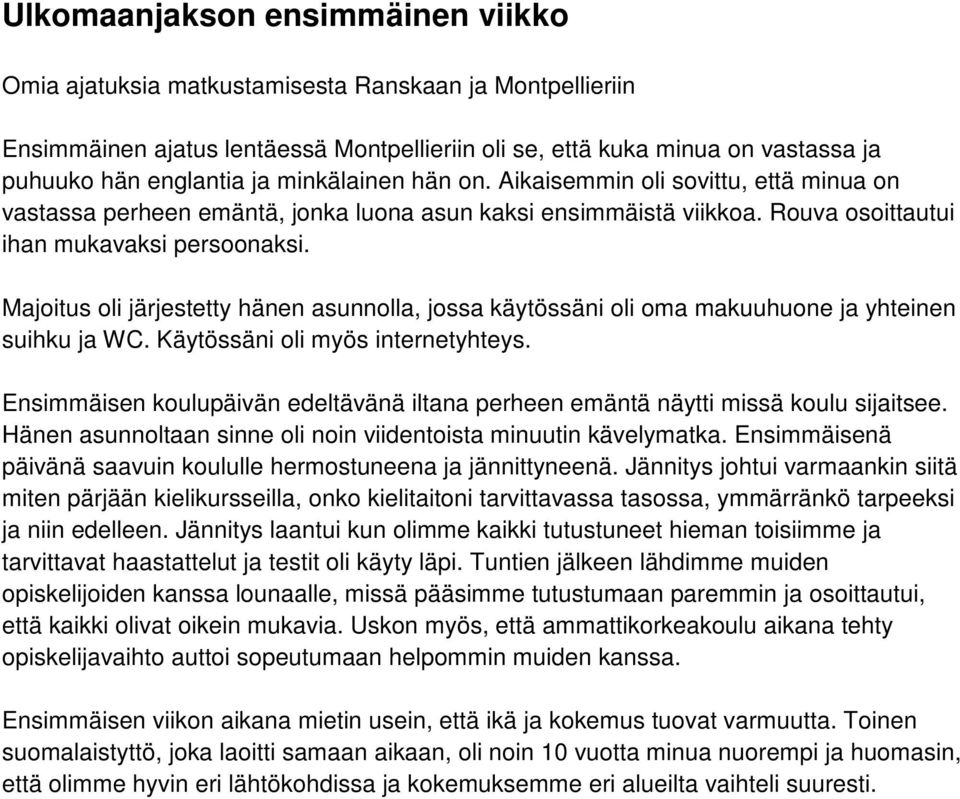Majoitus oli järjestetty hänen asunnolla, jossa käytössäni oli oma makuuhuone ja yhteinen suihku ja WC. Käytössäni oli myös internetyhteys.