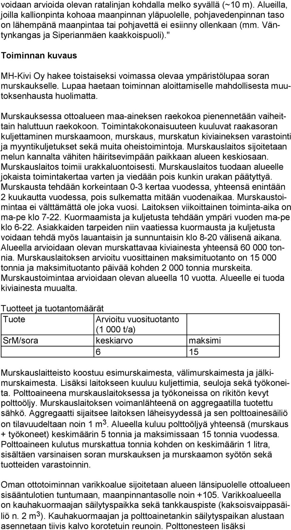 Väntyn kan gas ja Siperianmäen kaak kois puo li)." Toiminnan kuvaus MH-Kivi Oy hakee toistaiseksi voimassa olevaa ympäristölupaa soran murs kauk sel le.
