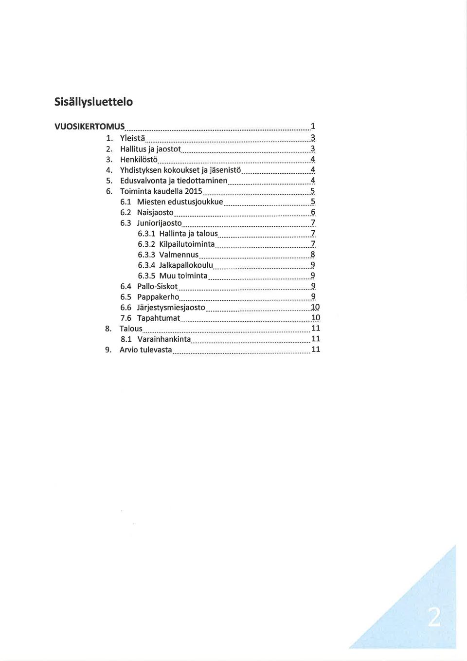 Toiminta kaudella 2015 5 6.1 6.2 6.3 L 6.3.3 Valmennus 6.3.4 Jalkapallokoulu...- 6.3.5 Muu toiminta.._""-._ 6.