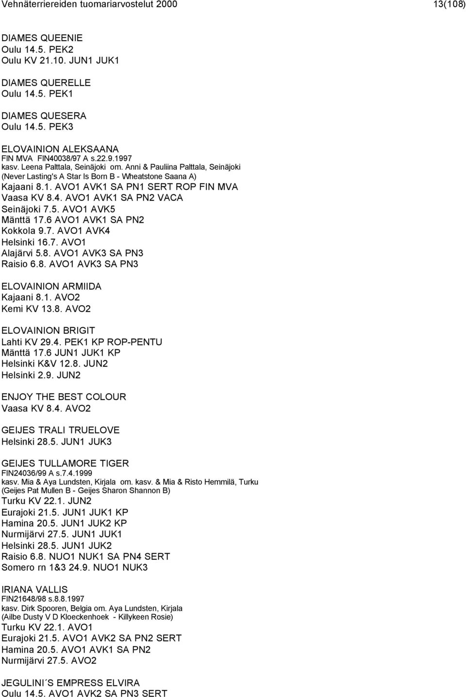 AVO1 AVK1 SA PN2 VACA Seinäjoki 7.5. AVO1 AVK5 Mänttä 17.6 AVO1 AVK1 SA PN2 Kokkola 9.7. AVO1 AVK4 Helsinki 16.7. AVO1 Alajärvi 5.8. AVO1 AVK3 SA PN3 Raisio 6.8. AVO1 AVK3 SA PN3 ELOVAINION ARMIIDA Kajaani 8.