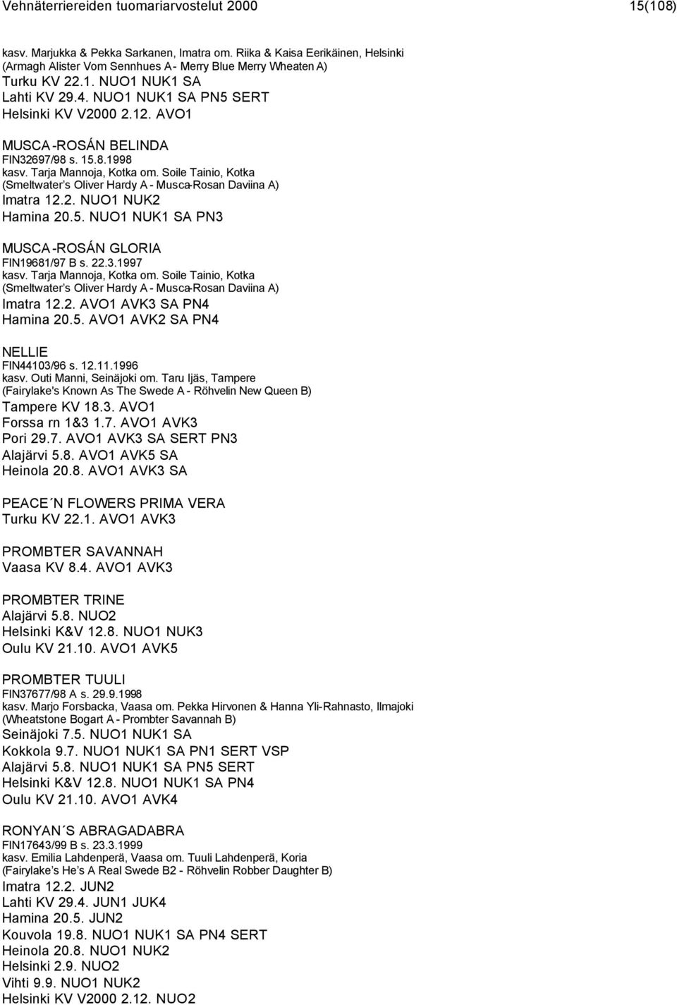 AVO1 MUSCA -ROSÁN BELINDA FIN32697/98 s. 15.8.1998 kasv. Tarja Mannoja, Kotka om. Soile Tainio, Kotka (Smeltwater s Oliver Hardy A - Musca-Rosan Daviina A) Imatra 12.2. NUO1 NUK2 Hamina 20.5. NUO1 NUK1 SA PN3 MUSCA -ROSÁN GLORIA FIN19681/97 B s.