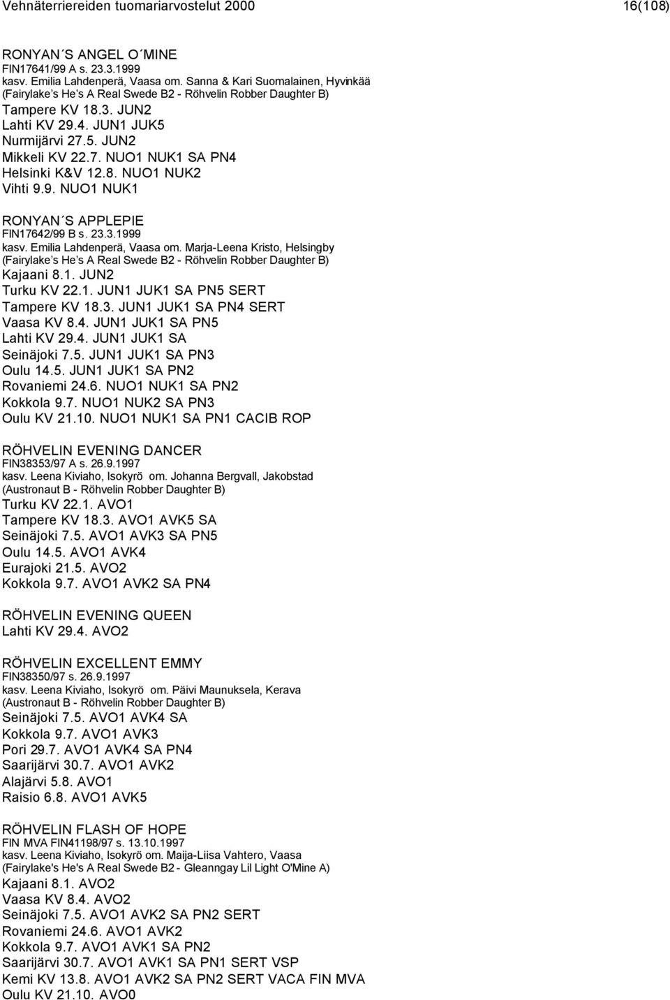 8. NUO1 NUK2 Vihti 9.9. NUO1 NUK1 RONYAN S APPLEPIE FIN17642/99 B s. 23.3.1999 kasv. Emilia Lahdenperä, Vaasa om.