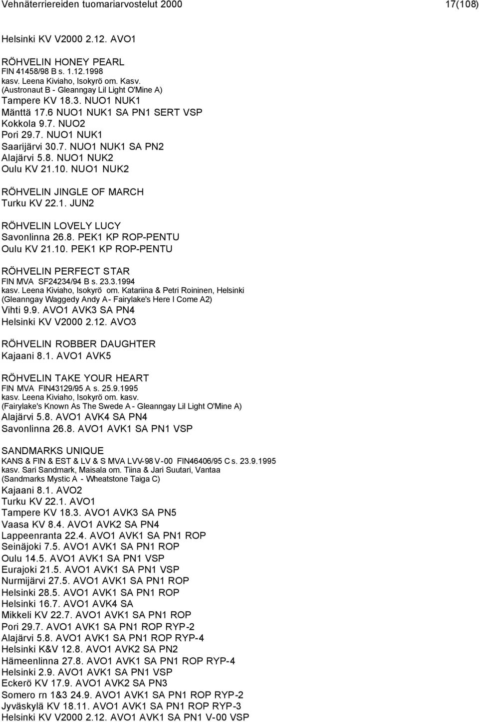 10. NUO1 NUK2 RÖHVELIN JINGLE OF MARCH Turku KV 22.1. JUN2 RÖHVELIN LOVELY LUCY Savonlinna 26.8. PEK1 KP ROP-PENTU Oulu KV 21.10. PEK1 KP ROP-PENTU RÖHVELIN PERFECT STAR FIN MVA SF24234/94 B s. 23.3.1994 kasv.