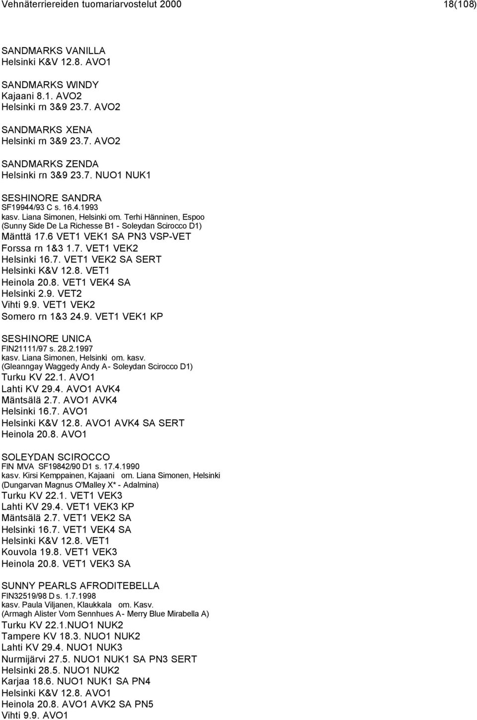 6 VET1 VEK1 SA PN3 VSP-VET Forssa rn 1&3 1.7. VET1 VEK2 Helsinki 16.7. VET1 VEK2 SA SERT Helsinki K&V 12.8. VET1 Heinola 20.8. VET1 VEK4 SA Helsinki 2.9. VET2 Vihti 9.9. VET1 VEK2 Somero rn 1&3 24.9. VET1 VEK1 KP SESHINORE UNICA FIN21111/97 s.