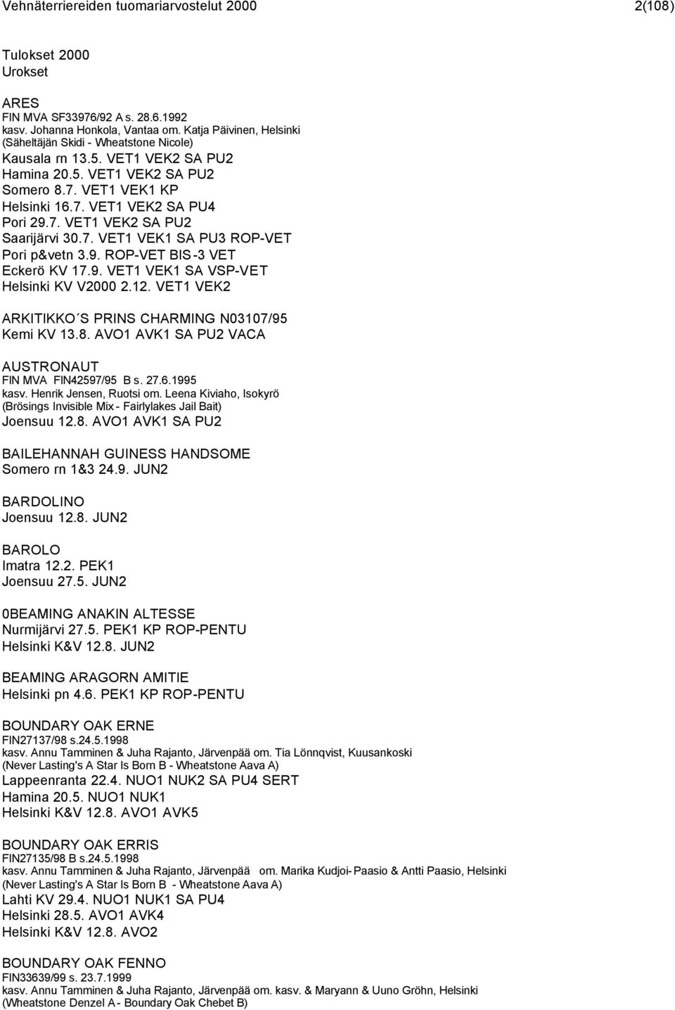 7. VET1 VEK1 SA PU3 ROP-VET Pori p&vetn 3.9. ROP-VET BIS -3 VET Eckerö KV 17.9. VET1 VEK1 SA VSP-VET Helsinki KV V2000 2.12. VET1 VEK2 ARKITIKKO S PRINS CHARMING N03107/95 Kemi KV 13.8.