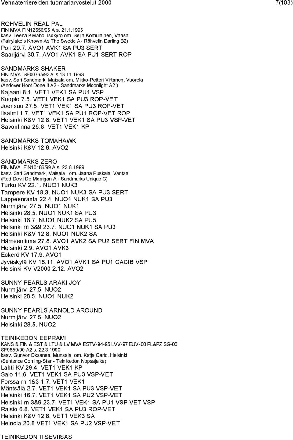 11.1993 kasv. Sari Sandmark, Maisala om. Mikko-Petteri Virtanen, Vuorela (Andover Hoot Done It A2 - Sandmarks Moonlight A2 ) Kajaani 8.1. VET1 VEK1 SA PU1 VSP Kuopio 7.5.