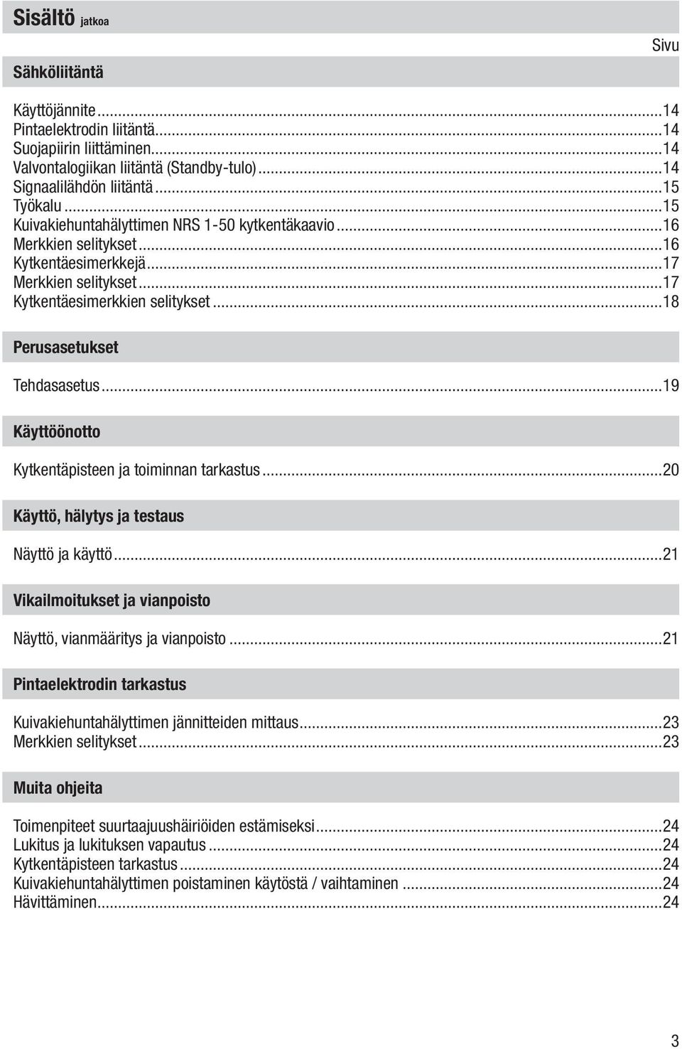 ..19 Käyttöönotto Kytkentäpisteen ja toiminnan tarkastus...20 Käyttö, hälytys ja testaus Näyttö ja käyttö...21 Vikailmoitukset ja vianpoisto Näyttö, vianmääritys ja vianpoisto.