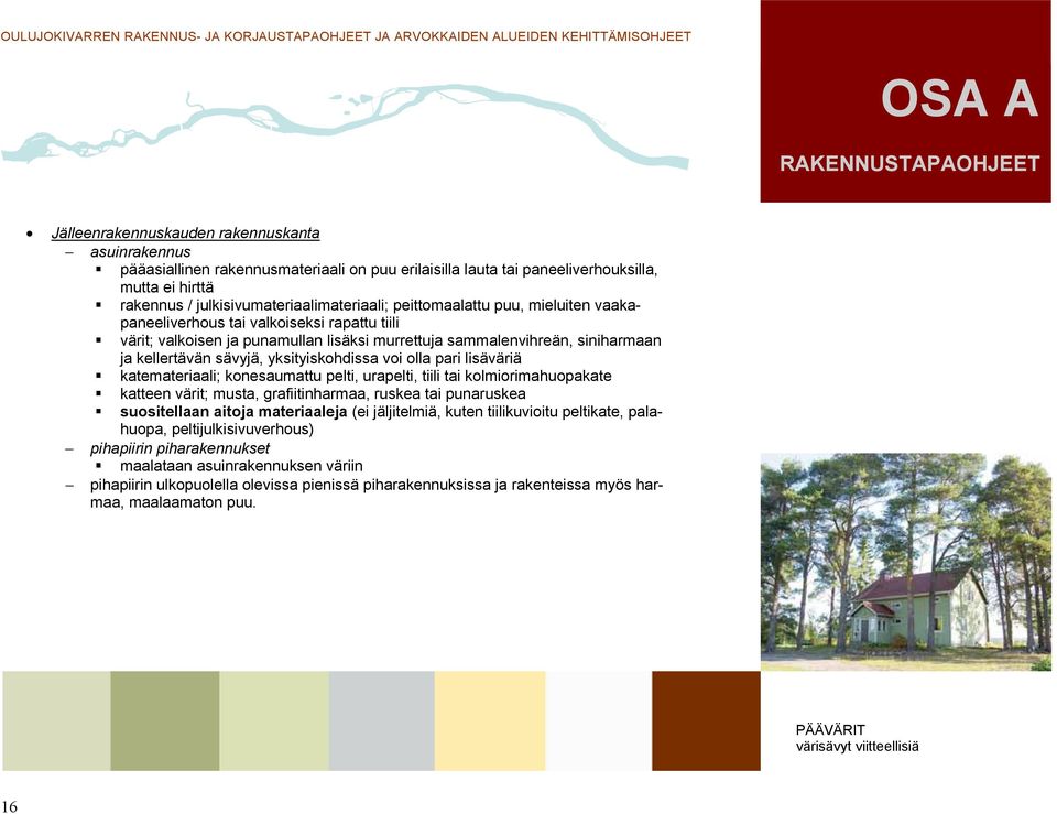 voi olla pari lisäväriä katemateriaali; konesaumattu pelti, urapelti, tiili tai kolmiorimahuopakate katteen värit; musta, grafiitinharmaa, ruskea tai punaruskea suositellaan aitoja materiaaleja (ei