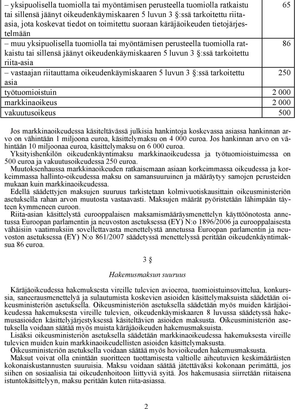 vastaajan riitauttama oikeudenkäymiskaaren 5 luvun 3 :ssä tarkoitettu 250 asia työtuomioistuin 2 000 markkinaoikeus 2 000 vakuutusoikeus 500 Jos markkinaoikeudessa käsiteltävässä julkisia hankintoja