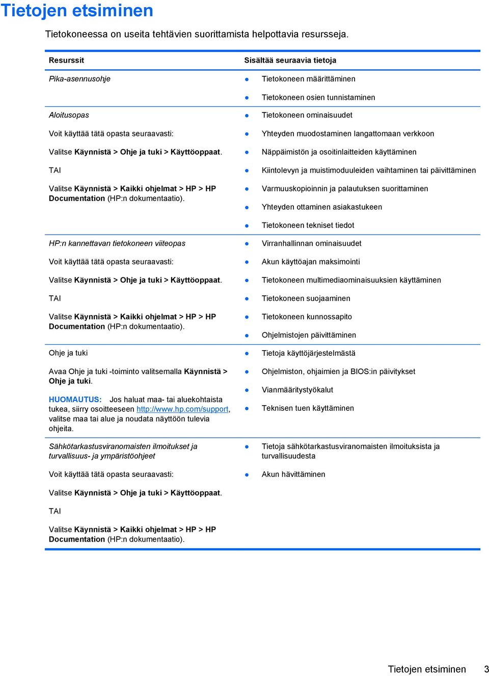 TAI Valitse Käynnistä > Kaikki ohjelmat > HP > HP Documentation (HP:n dokumentaatio).