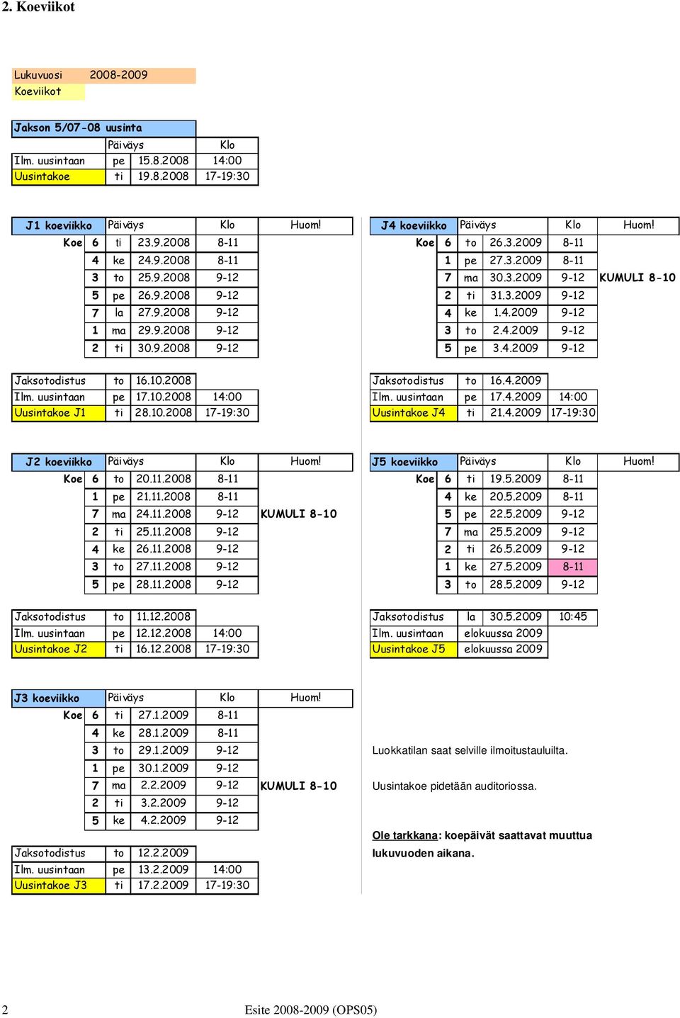 3.2009 9-12 7 la 27.9.2008 9-12 4 ke 1.4.2009 9-12 1 ma 29.9.2008 9-12 3 to 2.4.2009 9-12 2 ti 30.9.2008 9-12 5 pe 3.4.2009 9-12 Jaksotodistus Ilm. uusintaan Uusintakoe J1 to 16.10.