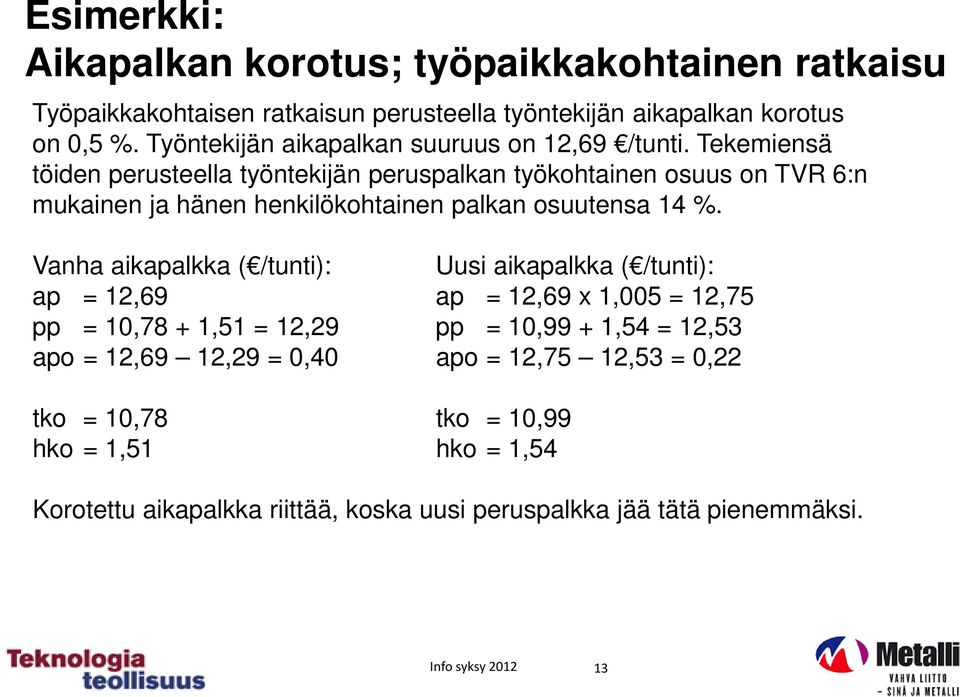 Tekemiensä töiden perusteella työntekijän peruspalkan työkohtainen osuus on TVR 6:n mukainen ja hänen henkilökohtainen palkan osuutensa 14 %.