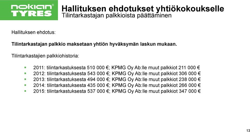 tilintarkastuksesta 543 000 ; KPMG Oy Ab:lle muut palkkiot 306 000 2013: tilintarkastuksesta 494 000 ; KPMG Oy Ab:lle muut palkkiot