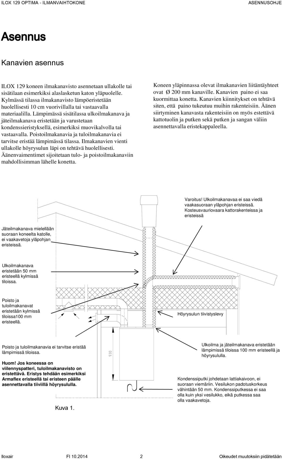 Lämpimässä sisätilassa ulkoilmakanava ja jäteilmakanava eristetään ja varustetaan kondenssieristyksellä, esimerkiksi muovikalvolla tai vastaavalla.