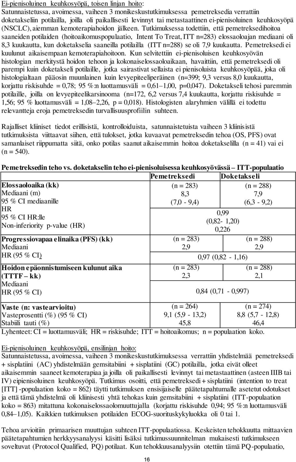 Tutkimuksessa todettiin, että pemetreksedihoitoa saaneiden potilaiden (hoitoaikomuspopulaatio, Intent To Treat, ITT n=283) elossaoloajan mediaani oli 8,3 kuukautta, kun doketakselia saaneilla