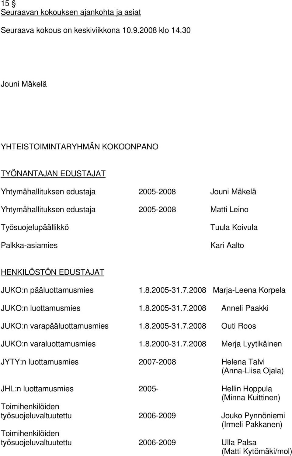 Palkka-asiamies Tuula Koivula Kari Aalto HENKILÖSTÖN EDUSTAJAT JUKO:n pääluottamusmies 1.8.2005-31.7.2008 Marja-Leena Korpela JUKO:n luottamusmies 1.8.2005-31.7.2008 Anneli Paakki JUKO:n varapääluottamusmies 1.