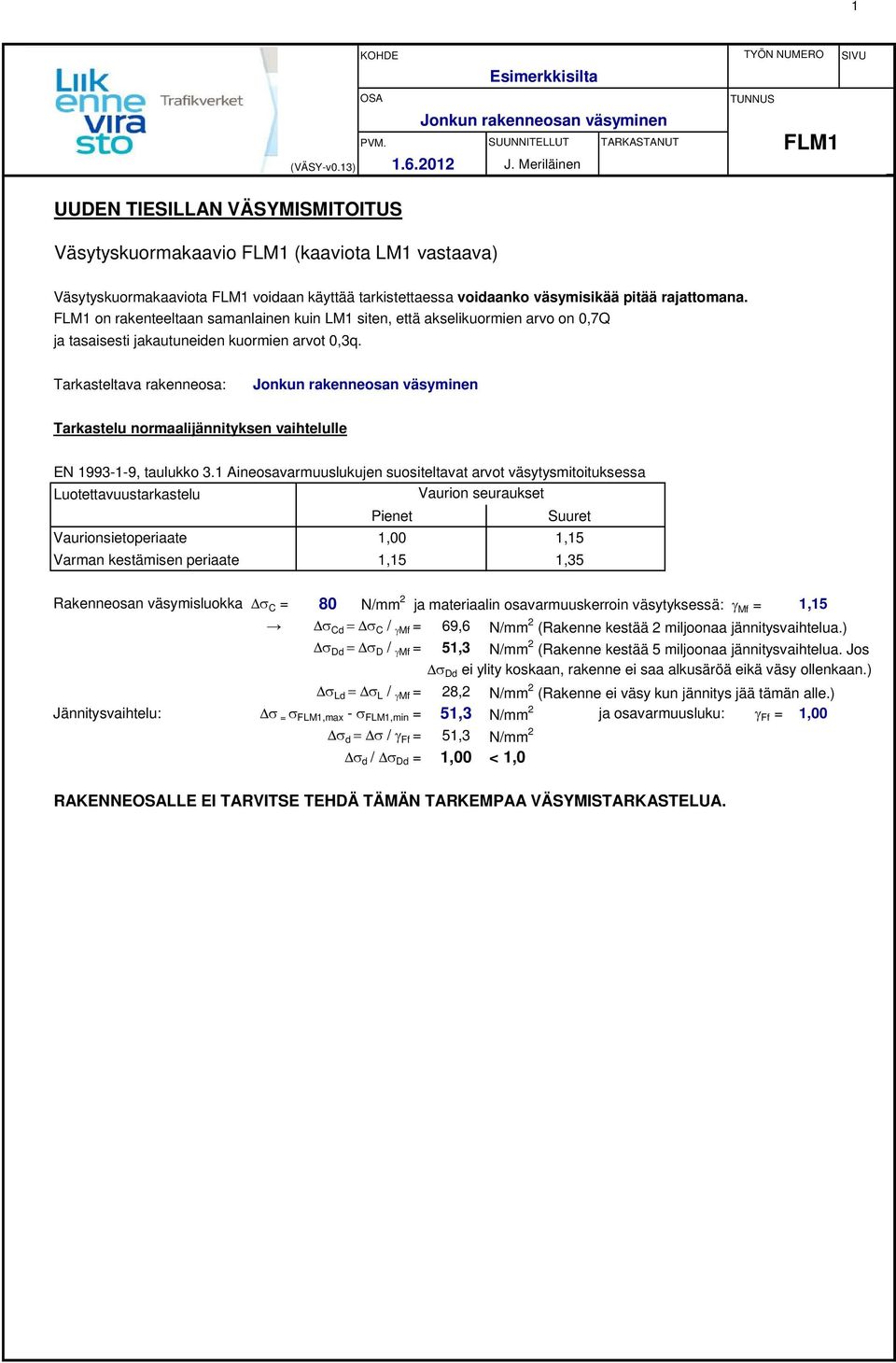 väsymisikää pitää rajattomana. FLM1 on rakenteeltaan samanlainen kuin LM1 siten, että akselikuormien arvo on 0,7Q ja tasaisesti jakautuneiden kuormien arvot 0,3q.