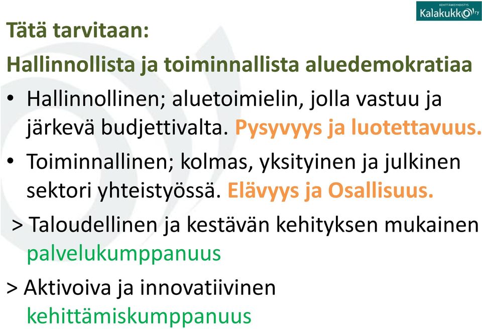 Toiminnallinen; kolmas, yksityinen ja julkinen sektori yhteistyössä. Elävyys ja Osallisuus.