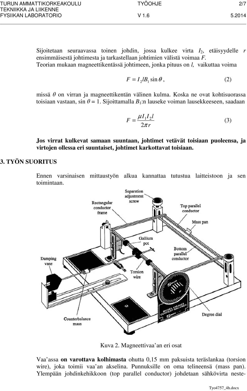 Teoian mukaan magneettikentässä johtimeen, jonka pituus on l, vaikuttaa voima F = I lb 1 sinθ, () missä θ on vian ja magneettikentän välinen kulma.