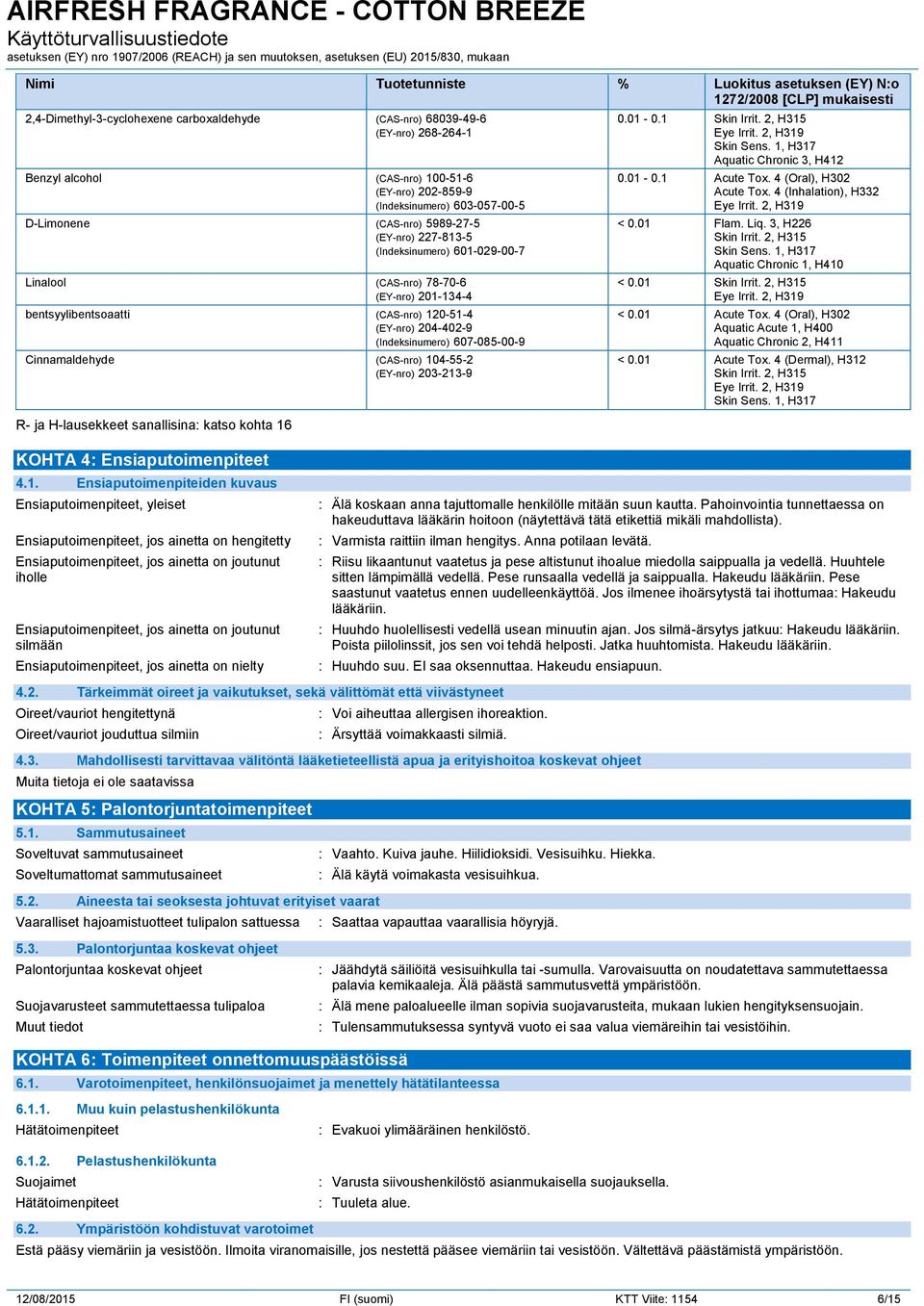 (CAS-nro) 120-51-4 (EY-nro) 204-402-9 (Indeksinumero) 607-085-00-9 Cinnamaldehyde (CAS-nro) 104-55-2 (EY-nro) 203-213-9 R- ja H-lausekkeet sanallisina: katso kohta 16 0.01-0.1 Skin Irrit.