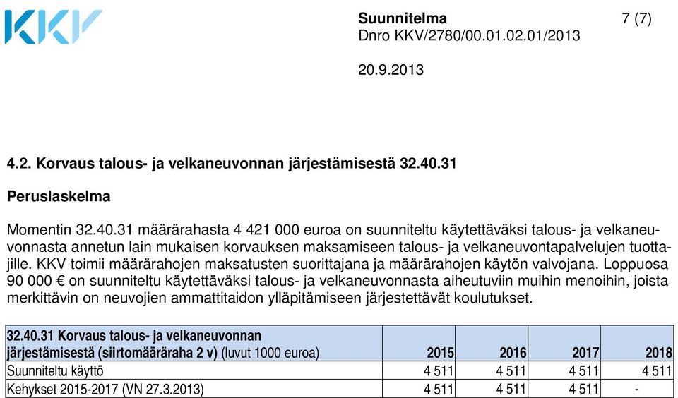 31 määrärahasta 4 421 000 euroa on suunniteltu käytettäväksi talous- ja velkaneuvonnasta annetun lain mukaisen korvauksen maksamiseen talous- ja velkaneuvontapalvelujen tuottajille.