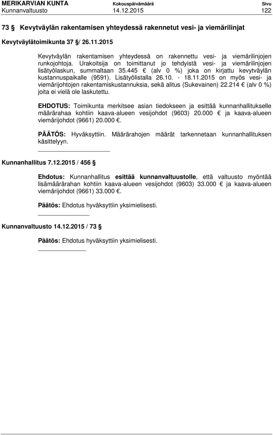 445 (alv 0 %) joka on kirjattu kevytväylän kustannuspaikalle (9591). Lisätyölistalla 26.10. - 18.11.2015 on myös vesi- ja viemärijohtojen rakentamiskustannuksia, sekä alitus (Sukevainen) 22.