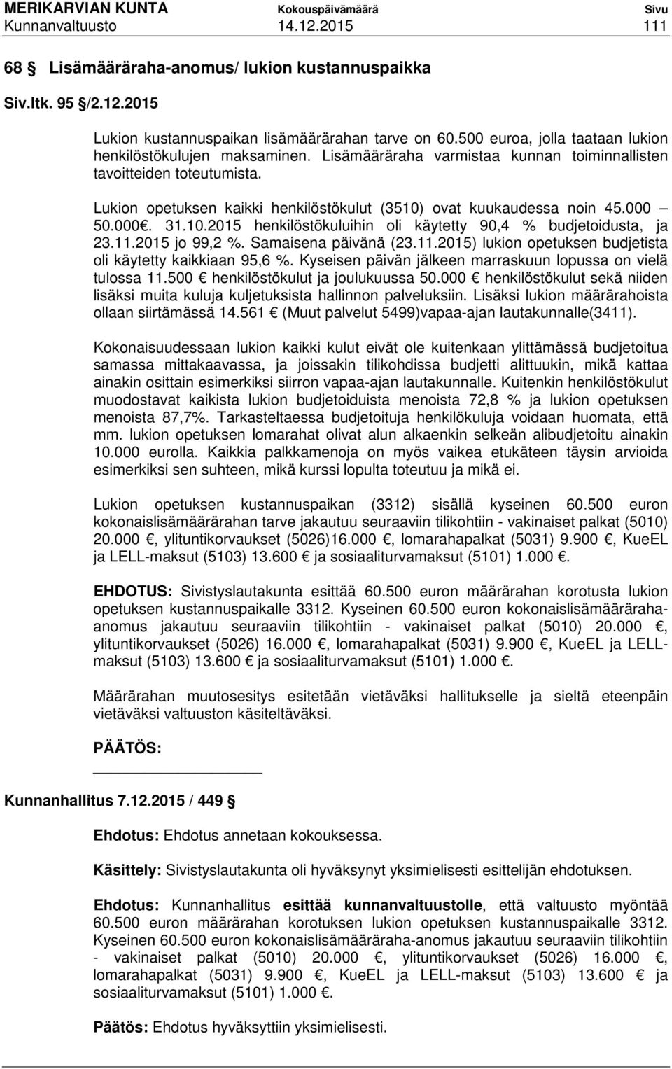 Lukion opetuksen kaikki henkilöstökulut (3510) ovat kuukaudessa noin 45.000 50.000. 31.10.2015 henkilöstökuluihin oli käytetty 90,4 % budjetoidusta, ja 23.11.