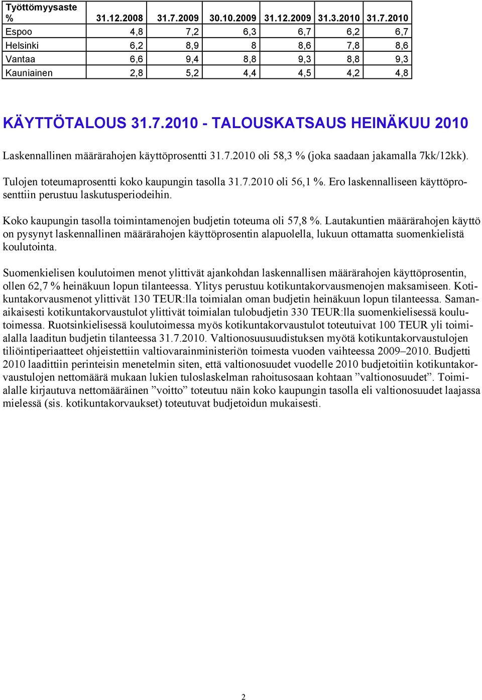 Ero laskennalliseen käyttöprosenttiin perustuu laskutusperiodeihin. Koko kaupungin tasolla toimintamenojen budjetin toteuma oli 57,8 %.