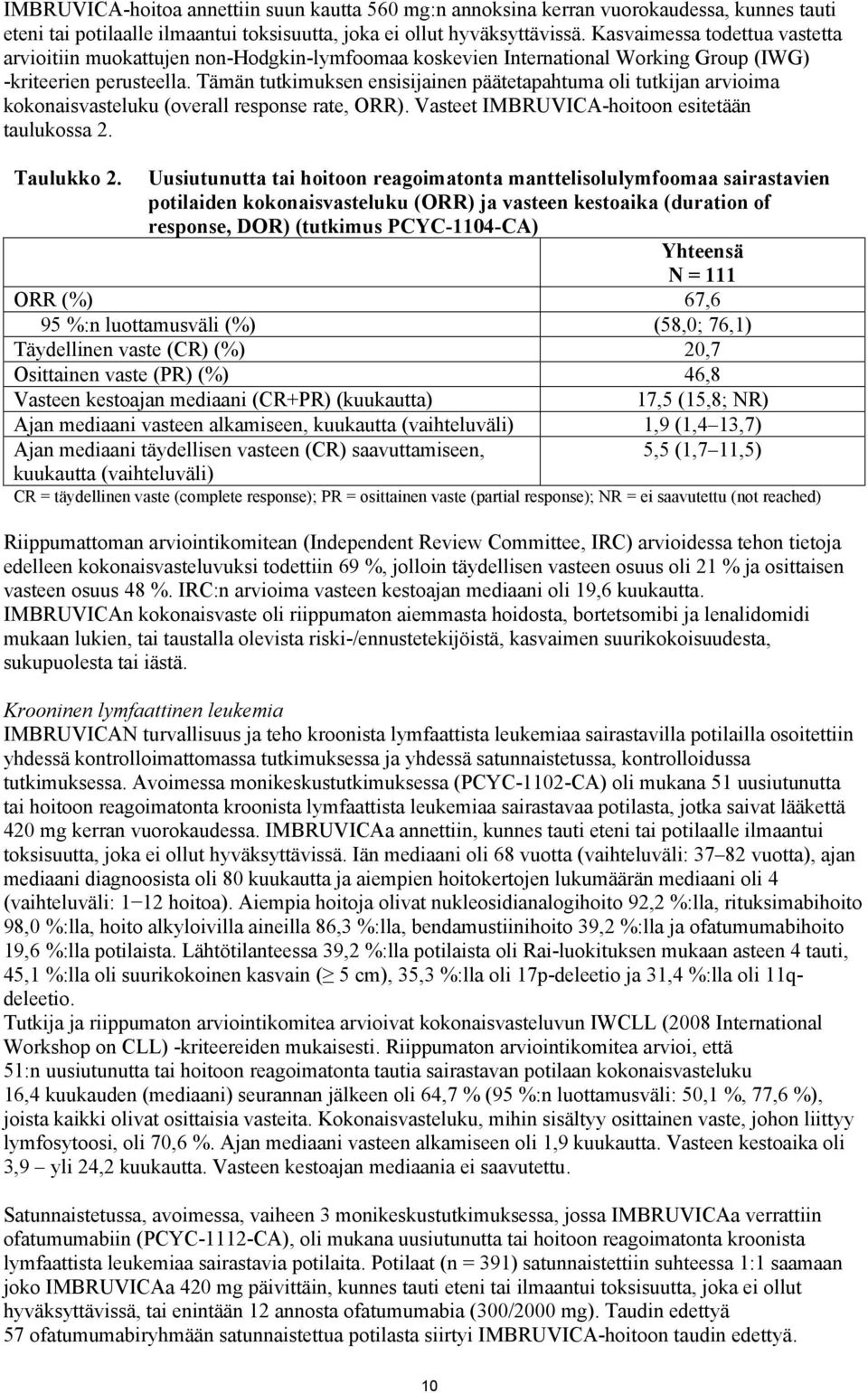 Tämän tutkimuksen ensisijainen päätetapahtuma oli tutkijan arvioima kokonaisvasteluku (overall response rate, ORR). Vasteet IMBRUVICA-hoitoon esitetään taulukossa 2. Taulukko 2.