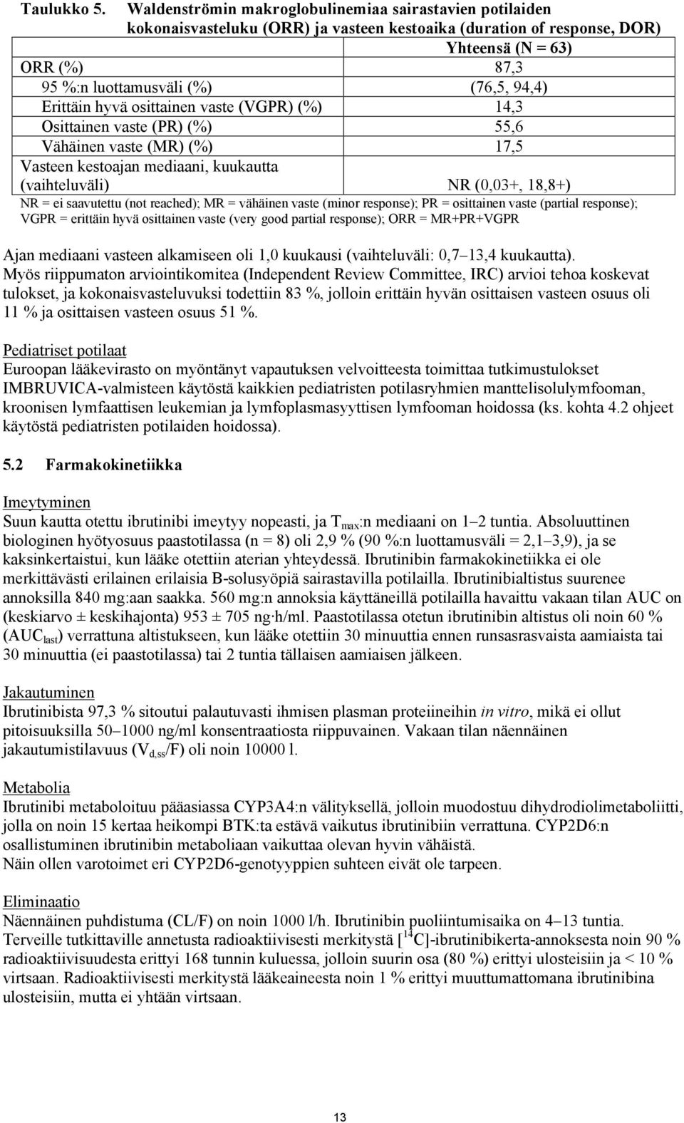 Erittäin hyvä osittainen vaste (VGPR) (%) 14,3 Osittainen vaste (PR) (%) 55,6 Vähäinen vaste (MR) (%) 17,5 Vasteen kestoajan mediaani, kuukautta (vaihteluväli) NR (0,03+, 18,8+) NR = ei saavutettu