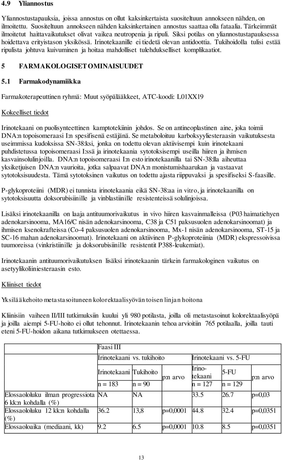 Siksi potilas on yliannostustapauksessa hoidettava erityistason yksikössä. Irinotekaanille ei tiedetä olevan antidoottia.